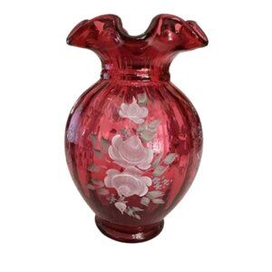 Fenton Cranberry Glass Vase handpainted 2003